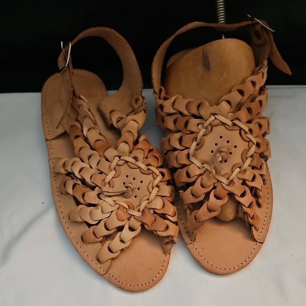 Handmade 100% Leather Women's Tan Slip On Flat Coastal Sandal Rubber Sole Sz 8US